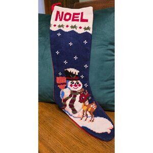 Vintage NOEL Snowman Reindeer Needlepoint Christmas 20" Stocking